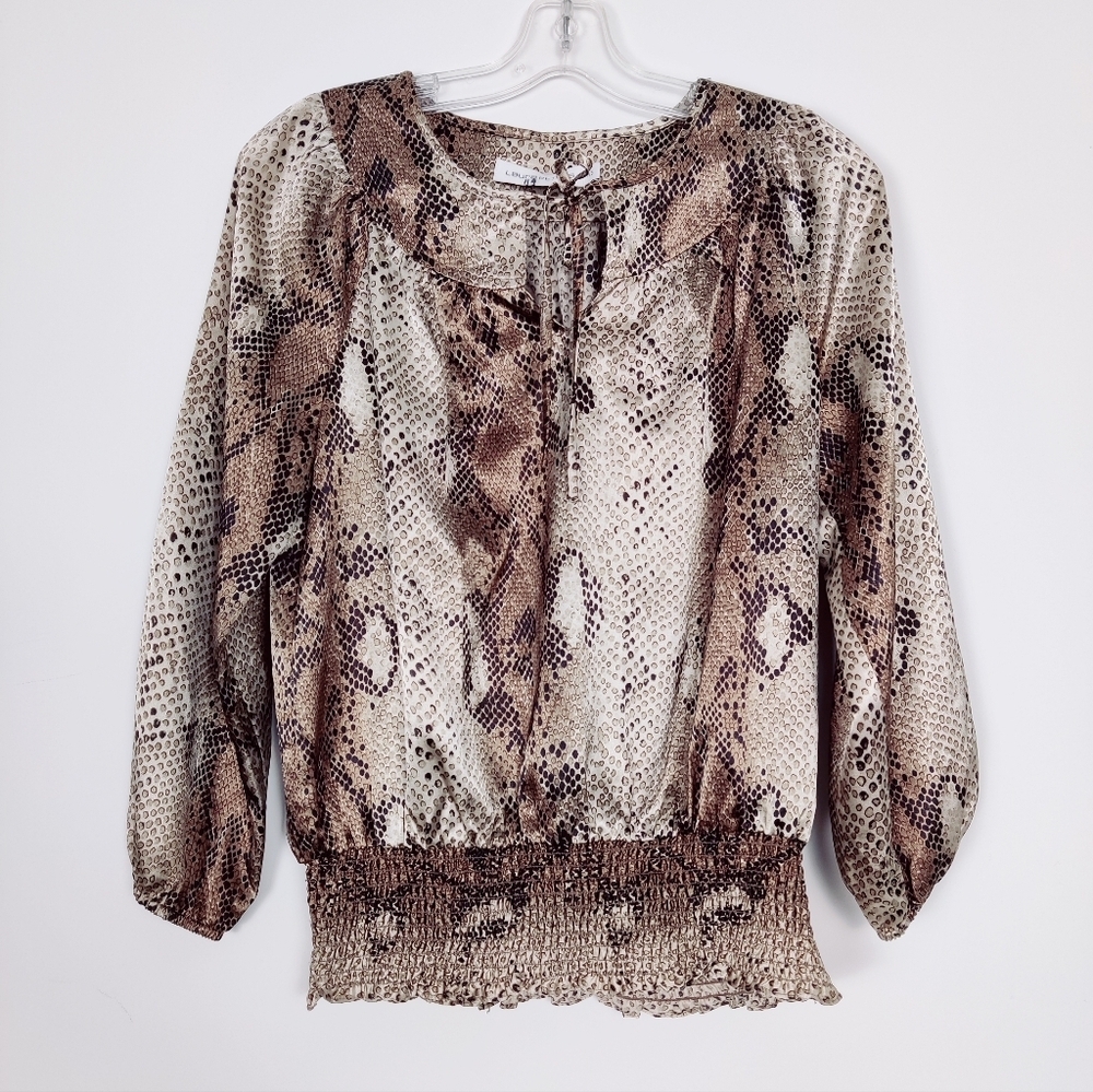 Laura Women's Snakeskin Blouse V-neck in Brown Tan Size Small Satin Mobwife
